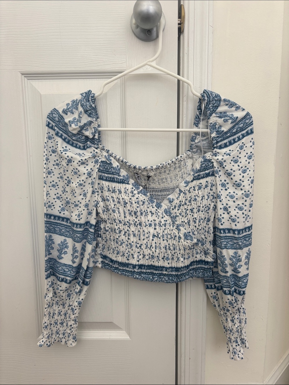 Zara White and Blue Floral Smocked Wrap Blouse